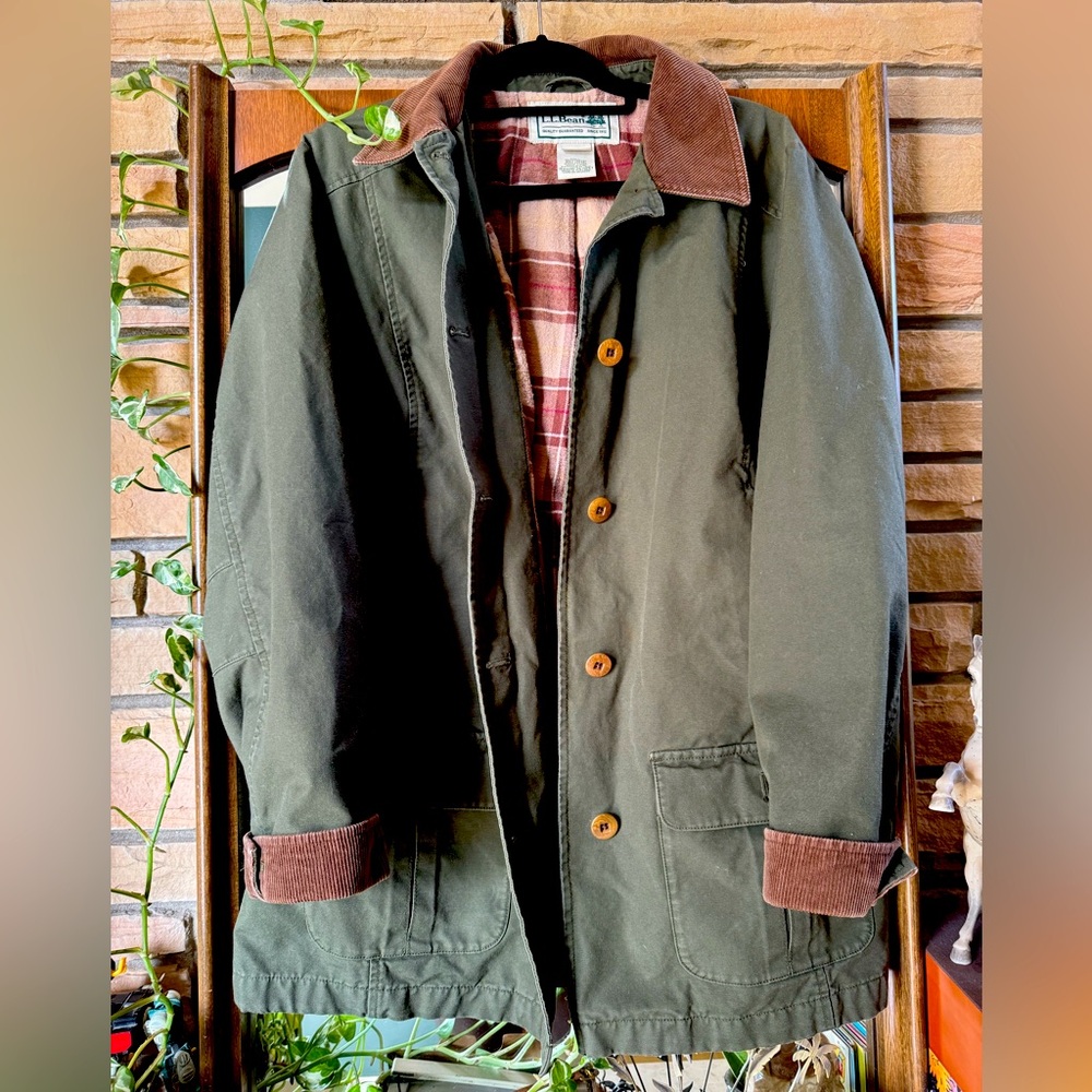 L.L. Bean Olive Green Utility Jacket with Brown Corduroy Collar